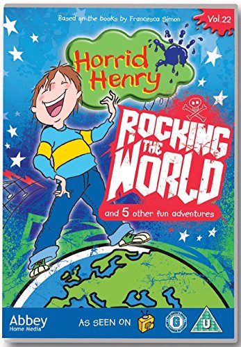 DVD cover featuring cartoon boy on a globe with "Horrid Henry Rocking the World" text.