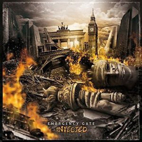 "Album cover art: destroyed cityscape with burning wreckage and clock tower in the background."