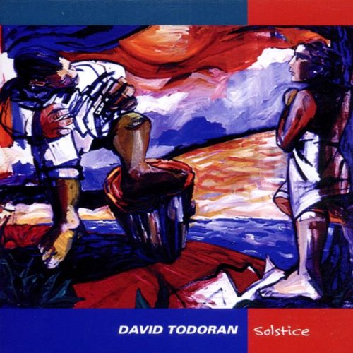 "Album cover with abstract painting of two figures, Page title: David Todoran - Solstice". Page Summary: The image depicts an abstract painting of two figures on a rocky outcrop, with a vibrant color palette.