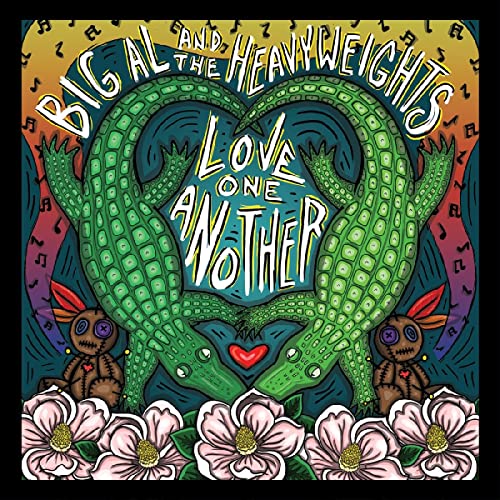 CD cover: two alligators embracing within a heart, voodoo dolls, flowers.