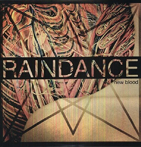 The image is of a vinyl record cover. The alt text is: "Vinyl cover with abstract design and 'Raindance New Blood' text."