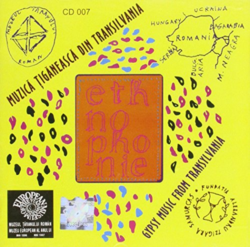 Yellow CD cover with text, map of Romania, and abstract purple shapes.