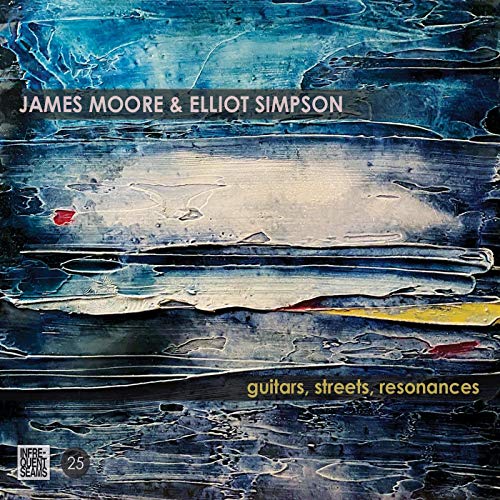 "Album cover with abstract blue, white, and black textured background and artist names."