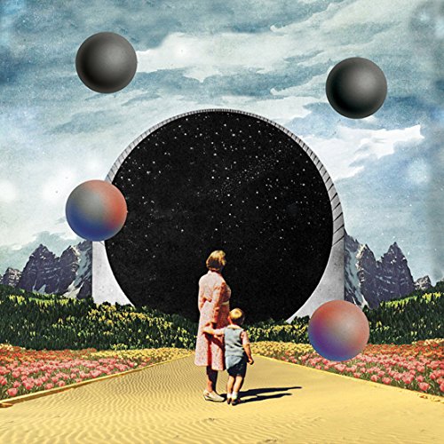 Surreal album cover with a person and child facing a dark, starry void.