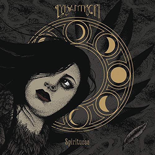 The image is a CD cover for "Lykantropi - Spirituosa". The alt text: "CD cover with a woman's face and lunar cycle illustration."