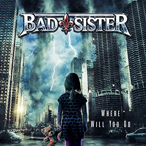 CD cover: girl with teddy bear facing stormy city skyline.