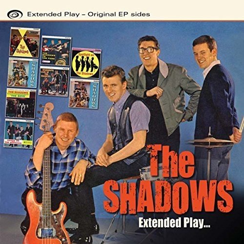 "Album cover featuring The Shadows, a band of four men, against a blue background."