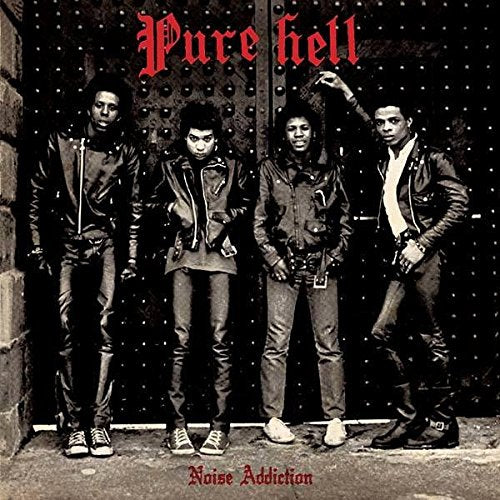 "Black and white album cover with four men in leather jackets."