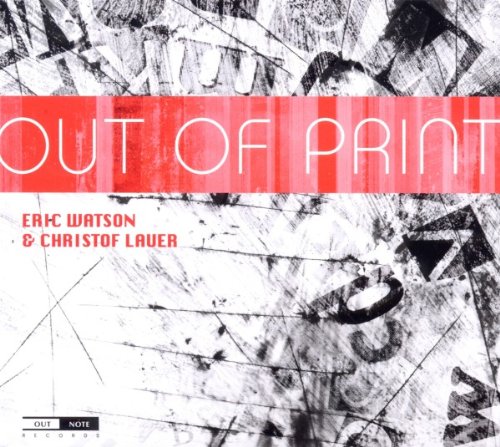 "Album cover with abstract black and white background, red banner, and white text."