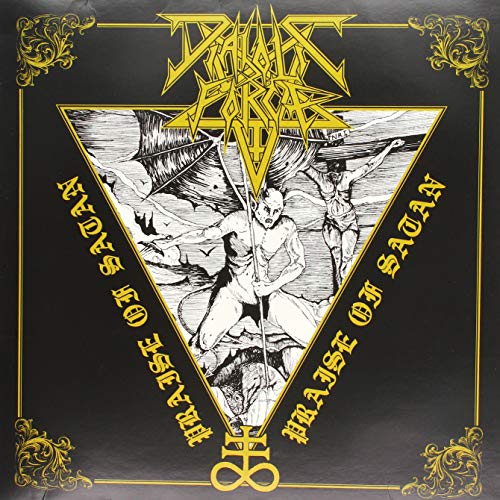Black and white album cover depicting a demonic figure and crucifixion scene.