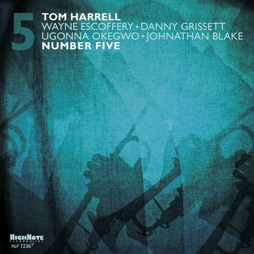 Blue-toned album cover with silhouettes of musicians playing instruments, featuring "Tom Harrell Number Five".