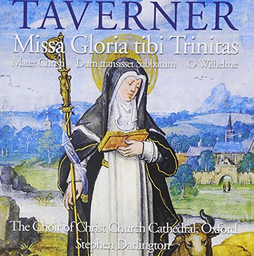 "Album cover featuring a medieval nun holding a book, with landscape in background."