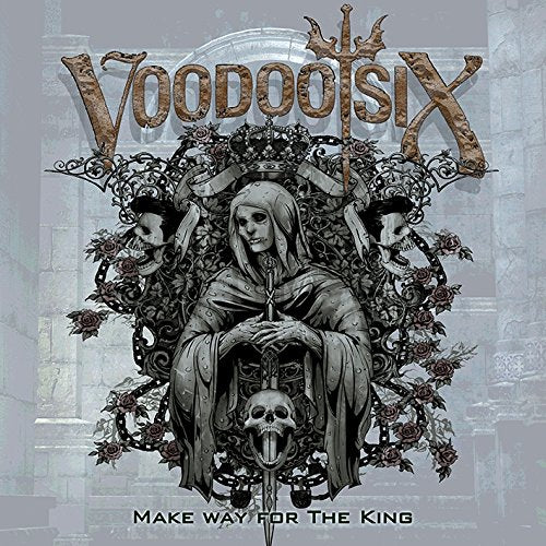 Voodoo Six album cover: hooded figure on a throne with skulls.