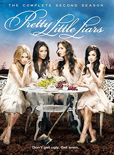 "Pretty Little Liars Season 2 DVD cover featuring four young women in white dresses."
