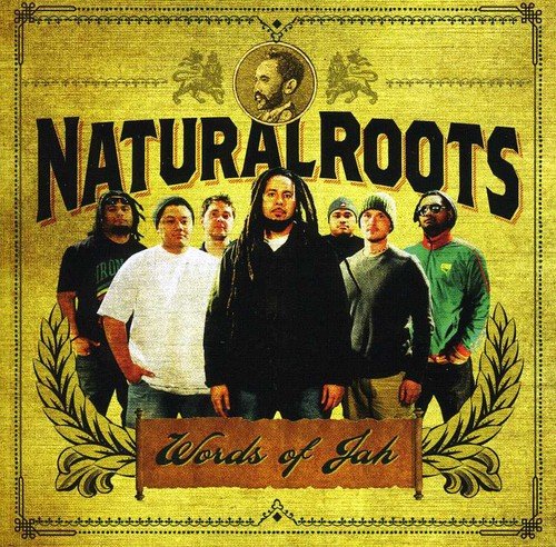 "Album cover with 6 men standing, 'Natural Roots' and 'Words of Jah' text, yellow background."