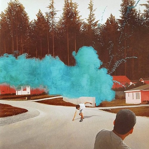 "Album cover with skateboarder, blue smoke, and trees, titled 'The Dirty Nil Higher Power'."