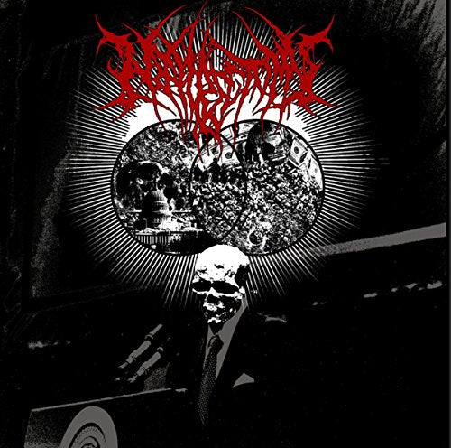 Album cover with red text, black and white images, and a skull.