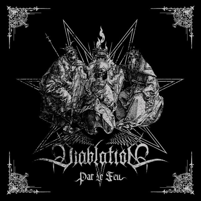 Black and white CD cover with demonic figures and pentagram design.