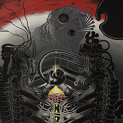 Dark, surrealist album cover with organic and mechanical shapes, red accents.