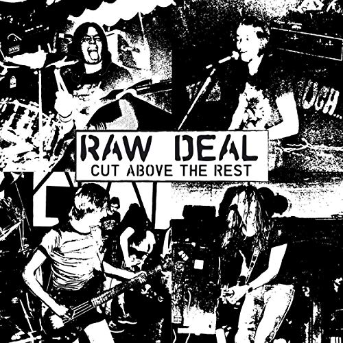Black and white collage of a punk band with album title overlay.