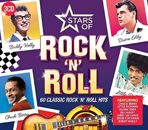 "CD cover with 'Stars of Rock 'n' Roll' title, featuring images of musicians on purple background."