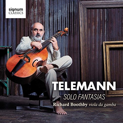 CD cover: Man playing viola da gamba, text "Telemann Solo Fantasias".