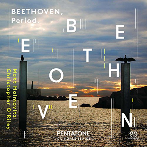 "CD cover with 'Beethoven' in large letters, serene water scene at sunset."
