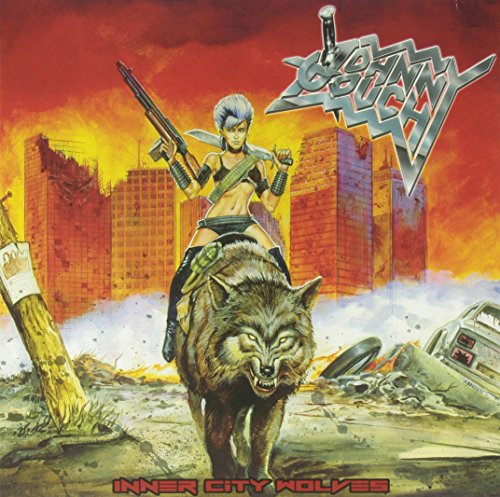 Vinyl album cover art featuring a woman on a wolf in a post-apocalyptic cityscape.