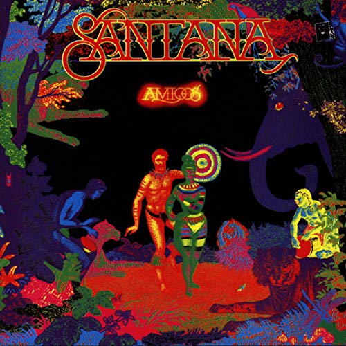 Santana’s “Amigos” album cover: colorful, surreal figures in a dark forest.