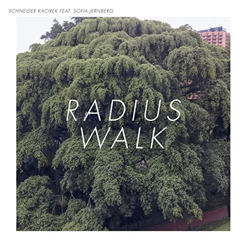 "Album cover with a large tree and white text 'Radius Walk' on a white background."