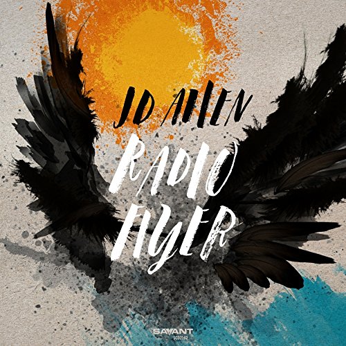 "Album cover with black feathers, orange, blue, and gray paint splatters, and white text."