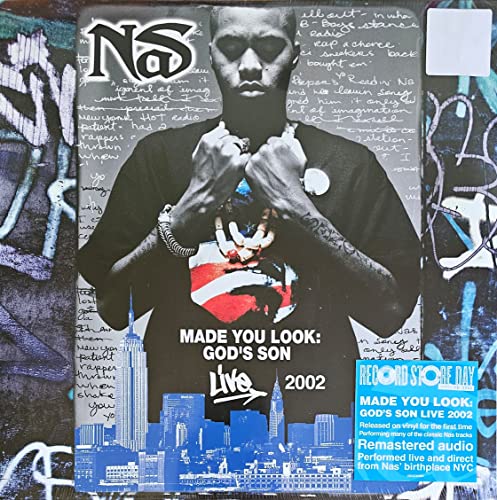 Nas album cover, "Made You Look: God's Son Live 2002," with cityscape.