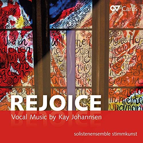 "Album cover with stained glass window image, 'REJOICE' in white text on red background."