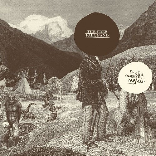 The image is a sepia-toned album cover featuring a man standing in a landscape. The man is dressed in 18th-century attire, holding a rifle and facing away from the viewer. The title "The Münster Sights" is written in a white circle on the right side of the image, while "The Free Fall Band" is displayed in a brown circle above the man's head. The background depicts a mountainous landscape with people gathered around a body of water. Alt text: Sep