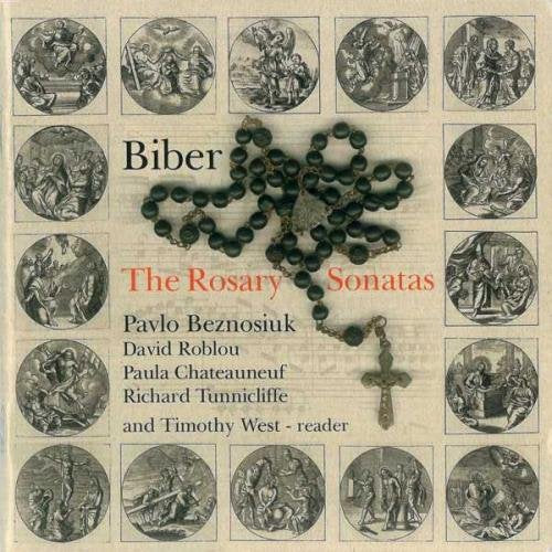CD cover with rosary and circular illustrations on a beige background.