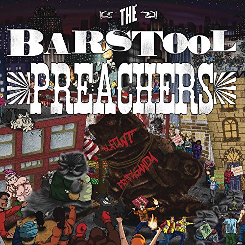 "Album cover art for 'The Barstool Preachers' with cartoonish illustration of chaotic city scene."