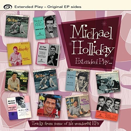 "Michael Holliday CD cover featuring multiple vintage EP album covers and pink background."