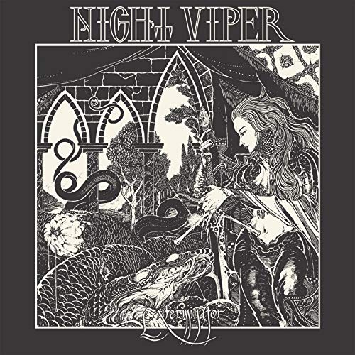 Black vinyl record sleeve with white illustration of a woman and a snake.