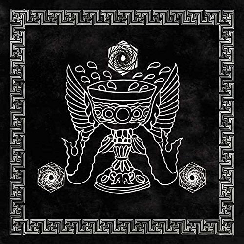 "Black square with white line drawing of a mystical creature surrounded by a border."