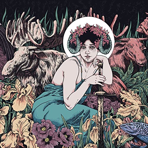 Illustration of a woman with antlers, surrounded by animals and flowers.