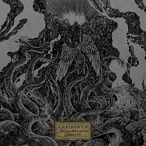 Dark, detailed illustration of an angel surrounded by swirling, thorny vines.