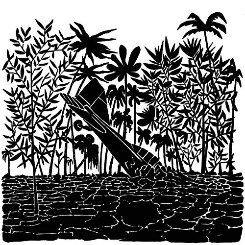 Black and white illustration of a crashed plane in a tropical landscape.