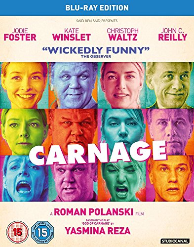 Carnage" Blu-ray cover featuring colorful, distorted portraits of the four main actors.
