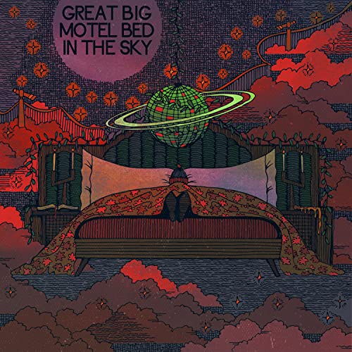 CD cover: illustrated bed floating among planets and red clouds.
