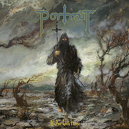 Dark, hooded figure stands in a bleak, misty landscape with a cross.
