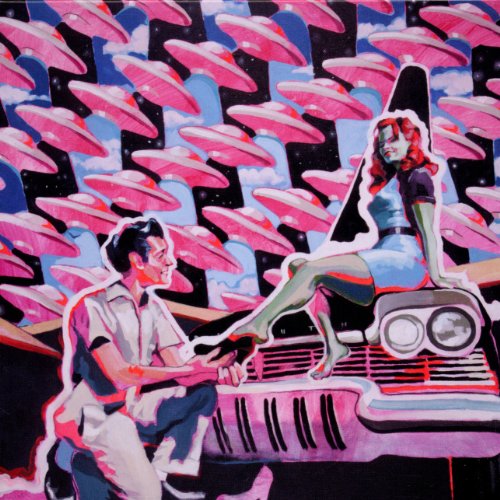 1950s style painting of a couple with many pink flying saucers.