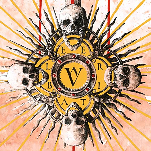 "Album cover with skulls and ornate 'V' emblem on a yellow and pink background."