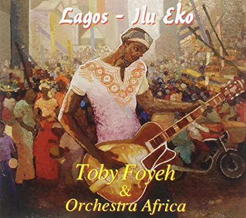 "Album cover featuring a man playing guitar amidst a crowded street scene."
