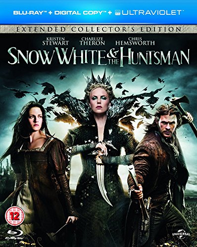 Snow White and the Huntsman" Blu-ray cover with Kristen Stewart, Charlize Theron, and Chris Hemsworth.