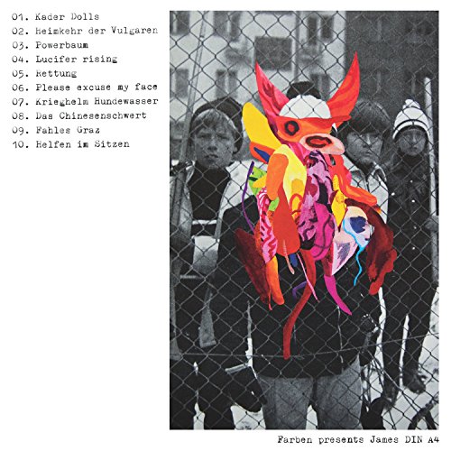 "Album cover with black-and-white photo and colorful abstract figure, tracklist on the left."